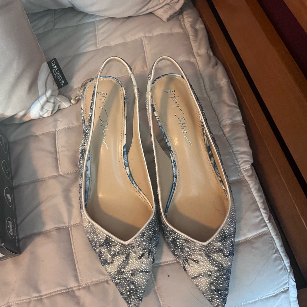 Betsey Johnson Blue and White Slingback Heels